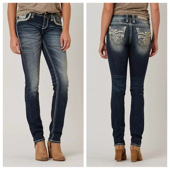 Rock Revival | Womens Yadra Straight Stretch Jean Dark Wash Embellished Denim 26 - Picture 1 of 10